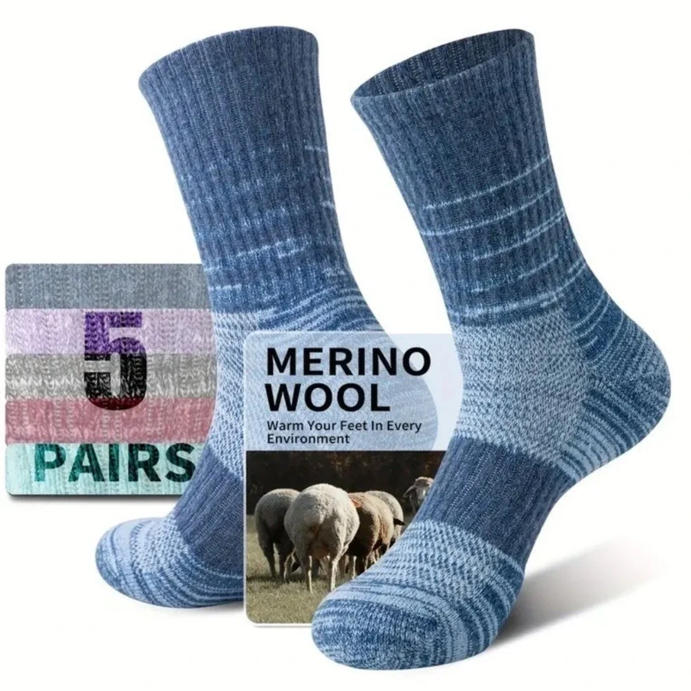 Unisex Merino 70% Wool Mid-Crew Anti-Blister Hiking Socks Large Multi Colors 5pk